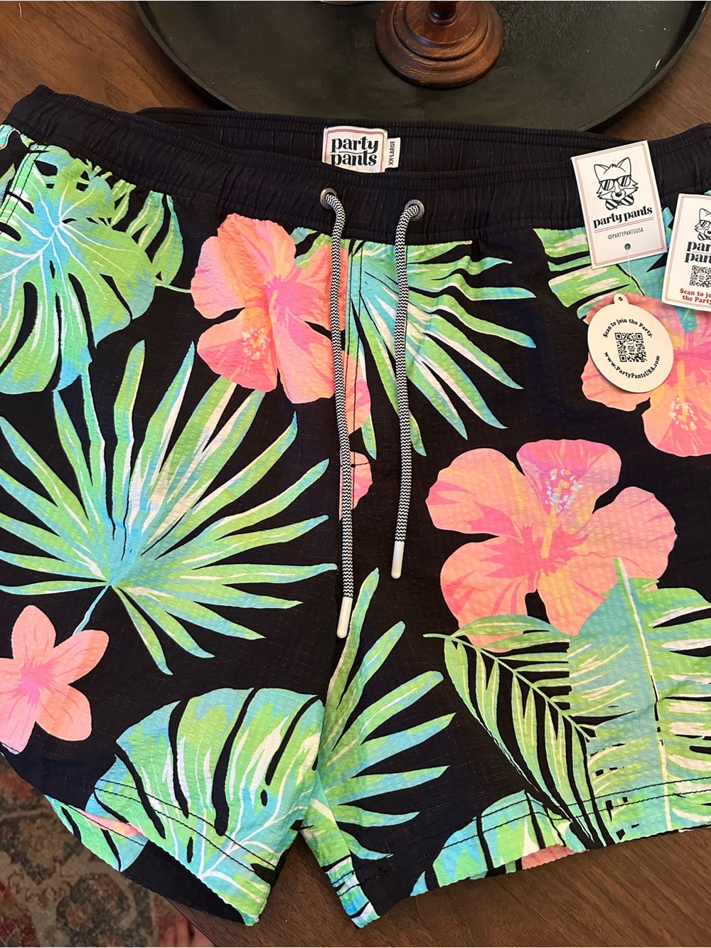 XXL - men’s Party Pants Swim Black Tropical Floral Drawstring Shorts